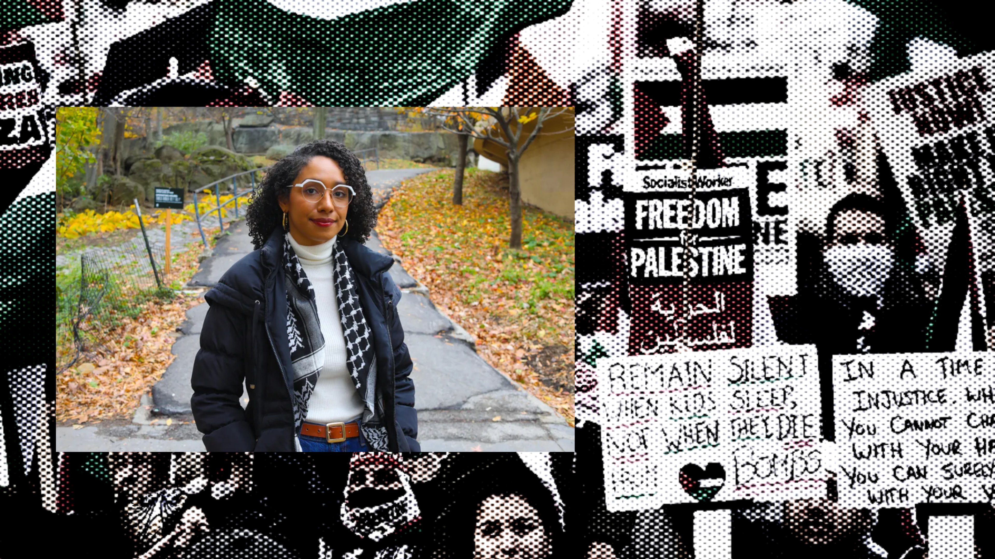 Darializa Avila Chevalier superimposed over a grey background of a Freedom for Palestine protest.