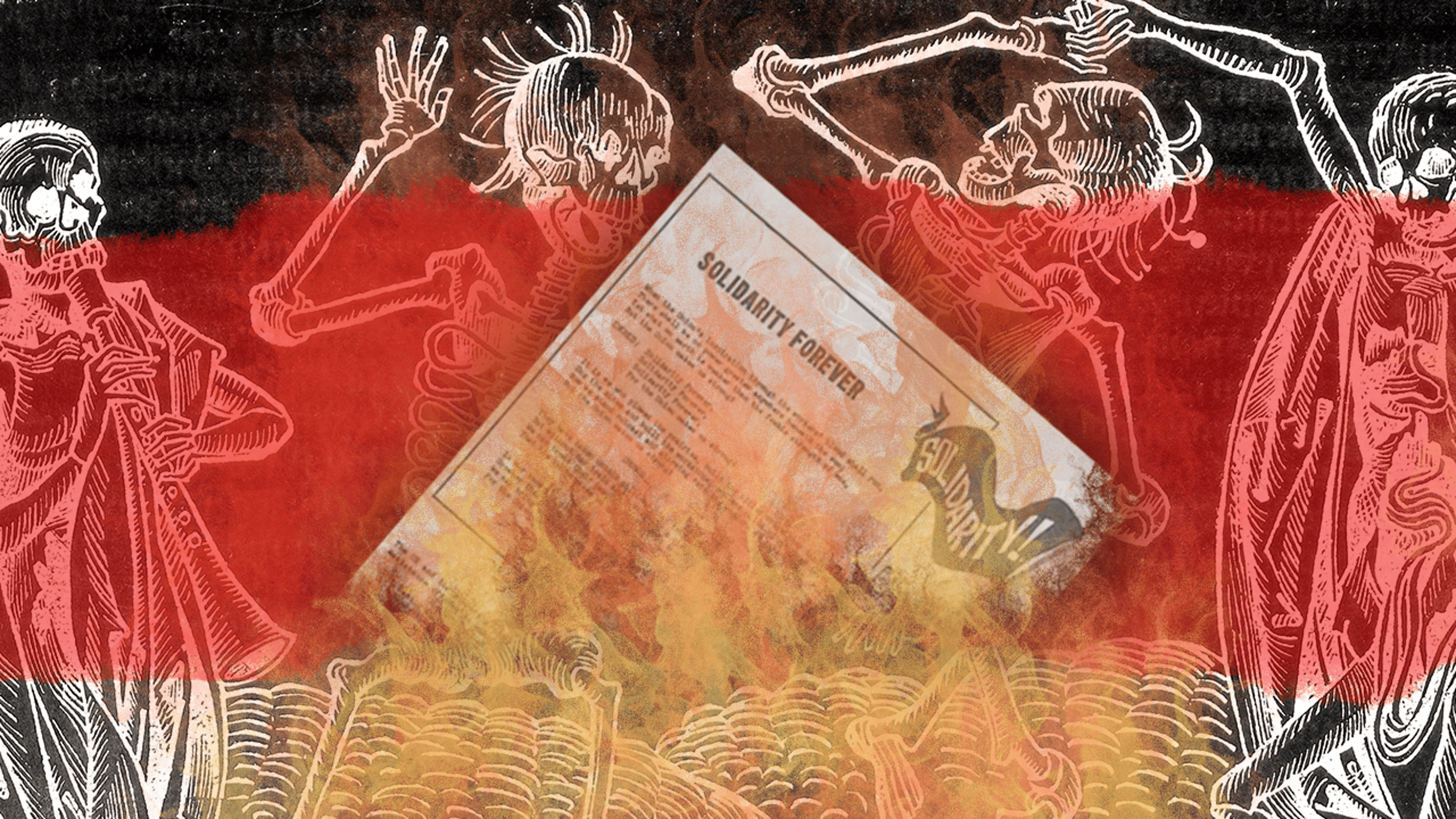 A medieval painting of dancing skeletons emblazoned with a burning photocopied paper of the lyrics to "Solidarity Forever".