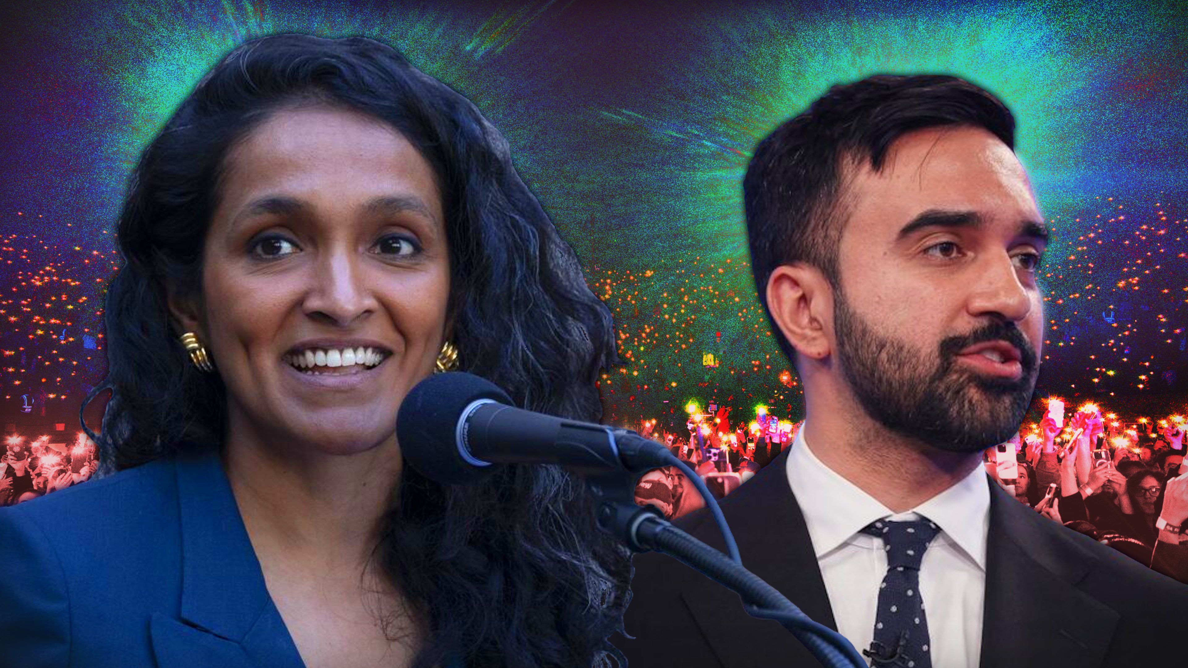 Nithya Raman and Zohran Mamdani overlayed over a Mamdani rally crowd