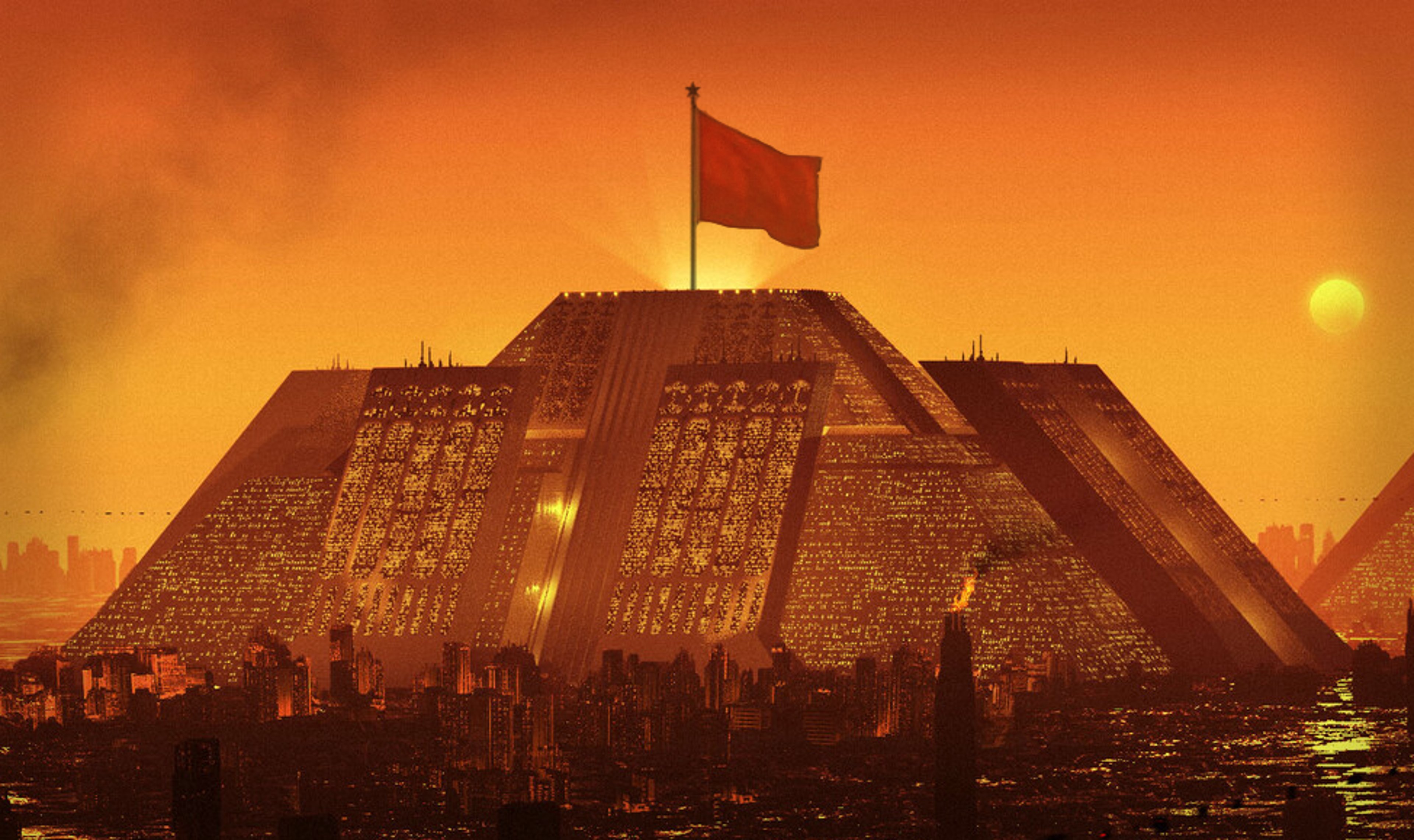 The Tyrell Corporation building from Blade Runner with a red socialist flag flying over the top.